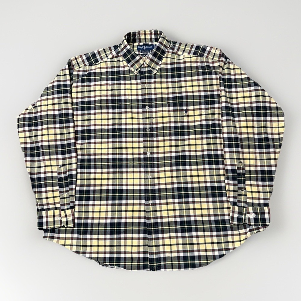 90s Ralph Lauren Big Shirt Men's‎ XL Button Up Oxford Green Yellow Plaid